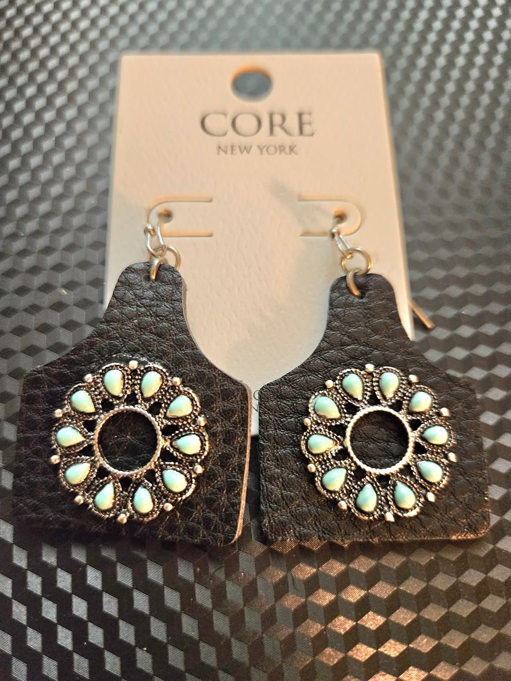 Black Leather Teardrop Earrings with Mint Accents